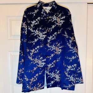Blue Floral Mandarin Jacket Women M • Brocade Vintage Asian Inspired